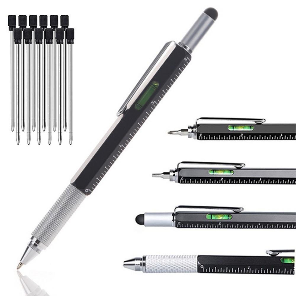 6 in 1 Multifunctional Pen Touch Screen Stylus Capacitive Pen with Screwdriver Ruler Levelgauge Refillable Ballpoint Pencil Tool