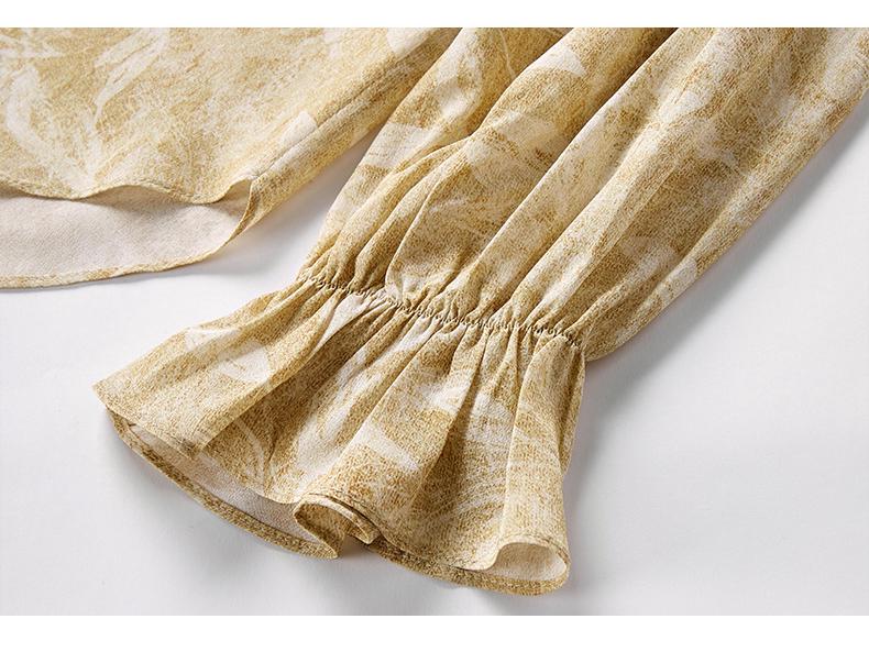 100% Mulberry Silk High-End Shirt, Spring Lantern Sleeves, Double Georgette Tie-Up Print, Women's Top