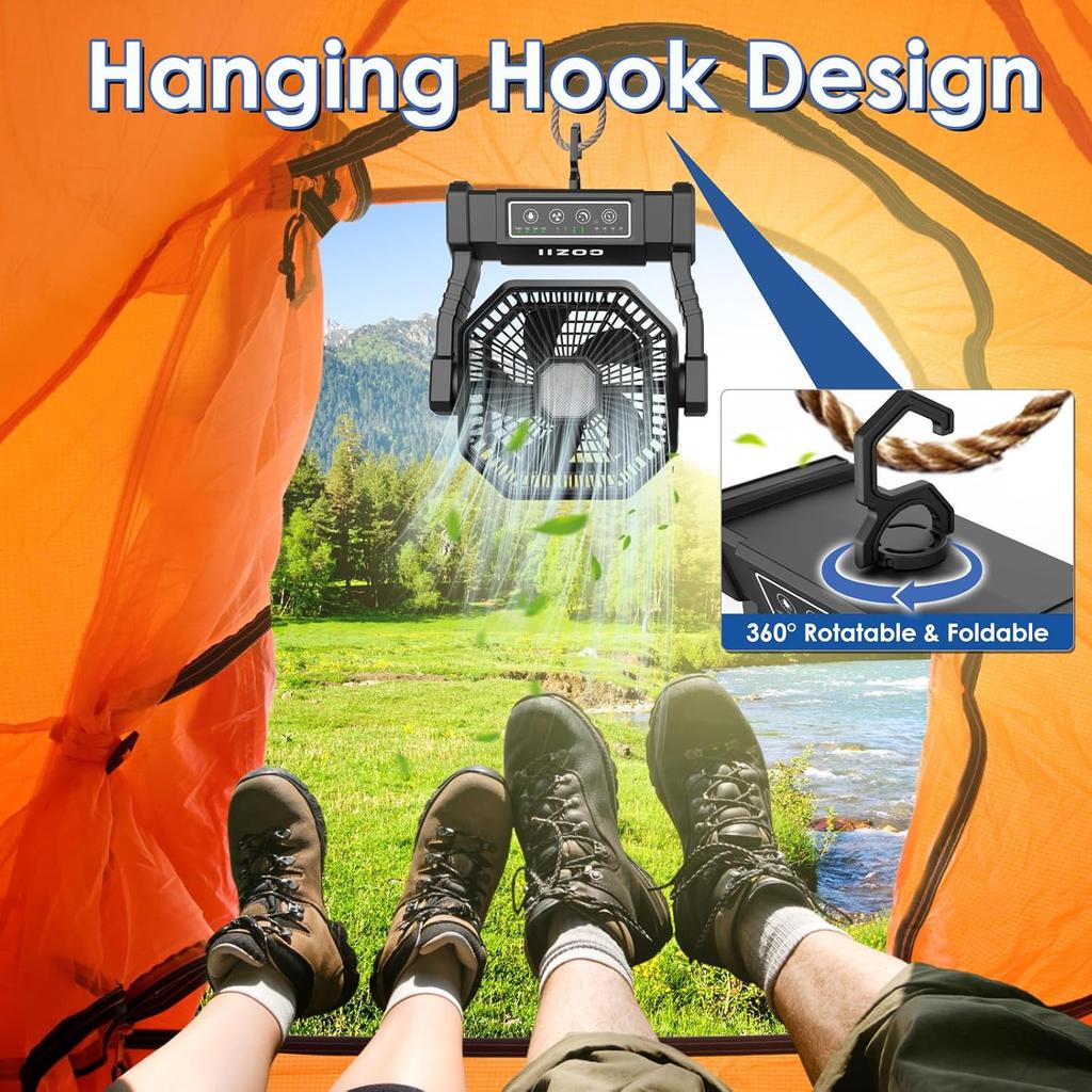 Battery Operated Fan, 20000mAh Rechargeable Camping Fan for Tent with LED Lantern - 3 Colors, 4 Speeds, 4 Timing, Adjustable Head with Hook, Portable