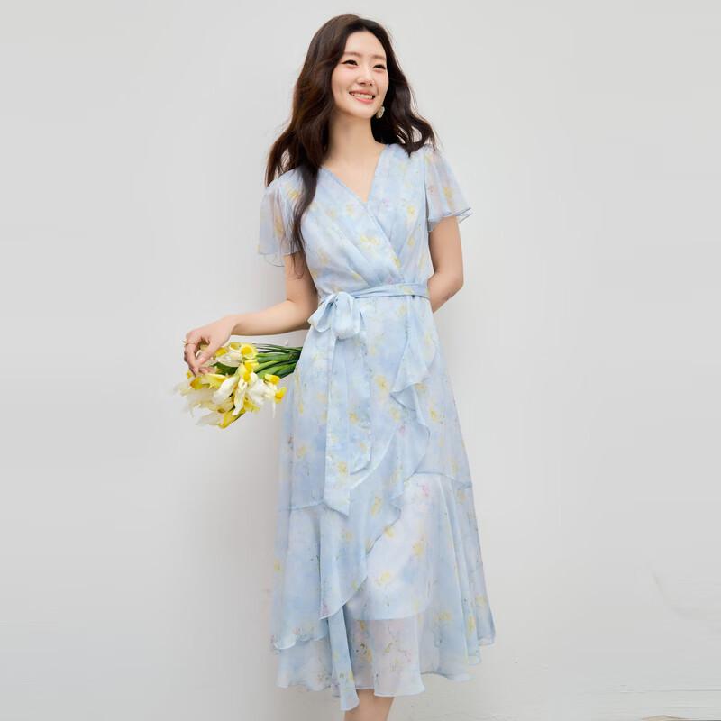 French V-neck Floral Flutter Sleeve Midi Dress S