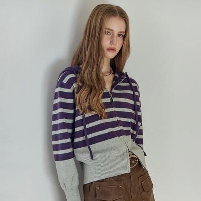 Half Color Block Stripe Hooded Knit Zip Up Ze10qd028na