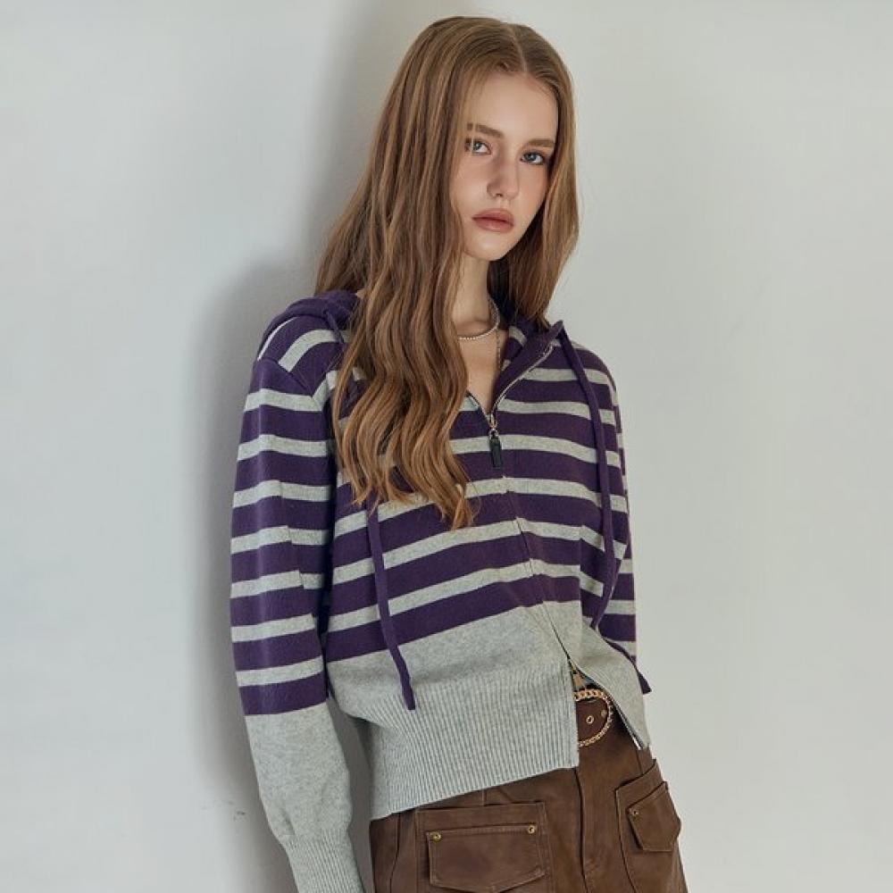 Maxza Half Color Block Stripe Hooded Knit Zip Up Ze10qd028na Grey/FREE
