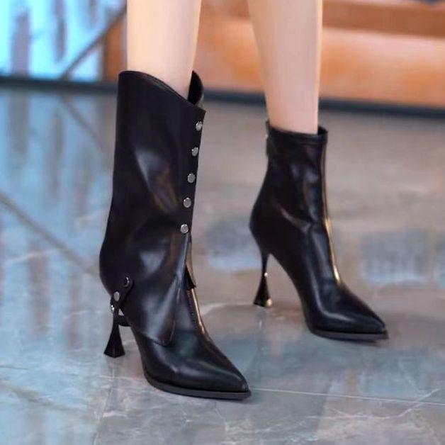 European and American Style Two Wear Pointed Rivets High Heel Medium Boots Women's 2025 Autumn and Winter New Fine Heel Fashion Martin Boots Women