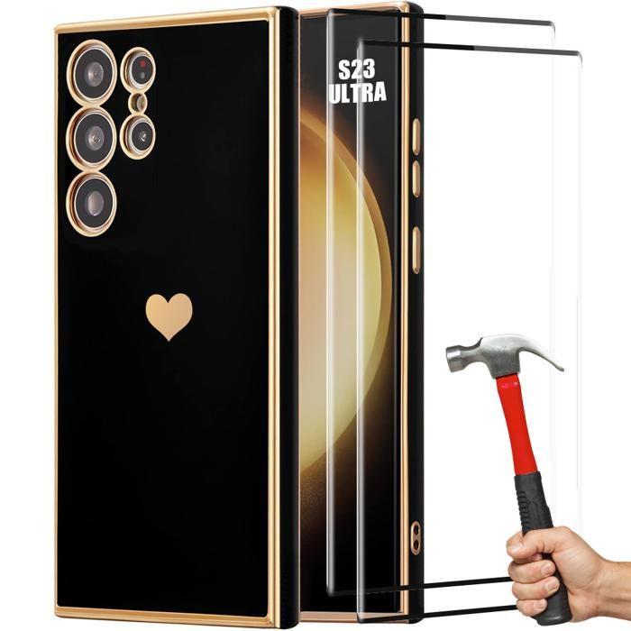 Coque - BOOLING - pour Samsung Galaxy S23 Ultra - Protection Silicone - Motif Coeur - Noir Doré - 2 Vitres