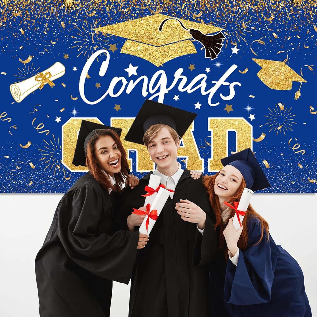 Graduation Party Decorations - Blue Gold Congrats Grad Class of 2025 Backdrop Banner Large Sign Wall Decorations Photography Background Party