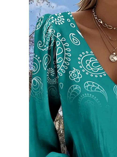 Fashionable Retro Motif Printed Lantern Sleeve, V-neck Women's Long-sleeved Shirt, Suitable for All Seasons