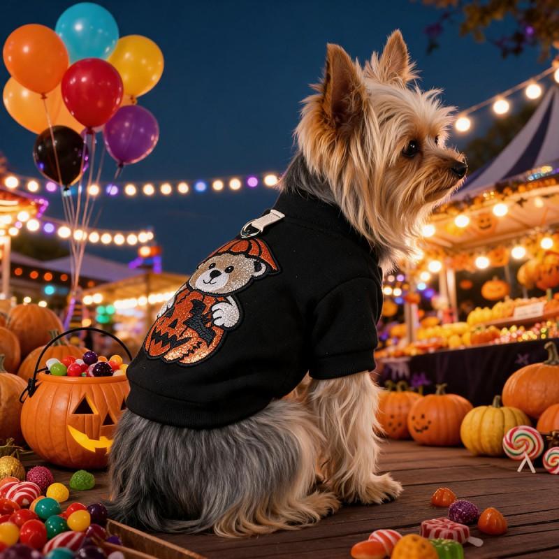 Halloween Pet Hoodie With Embroidered Black Pumpkin Bear Design Dogs Cats Unisex Winter Casual Apparel