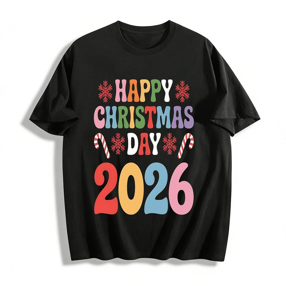 2026 Happy Christmas Day Graphic Casual Festive Long Sleeve Tee Pure cotton T-shirt XXS