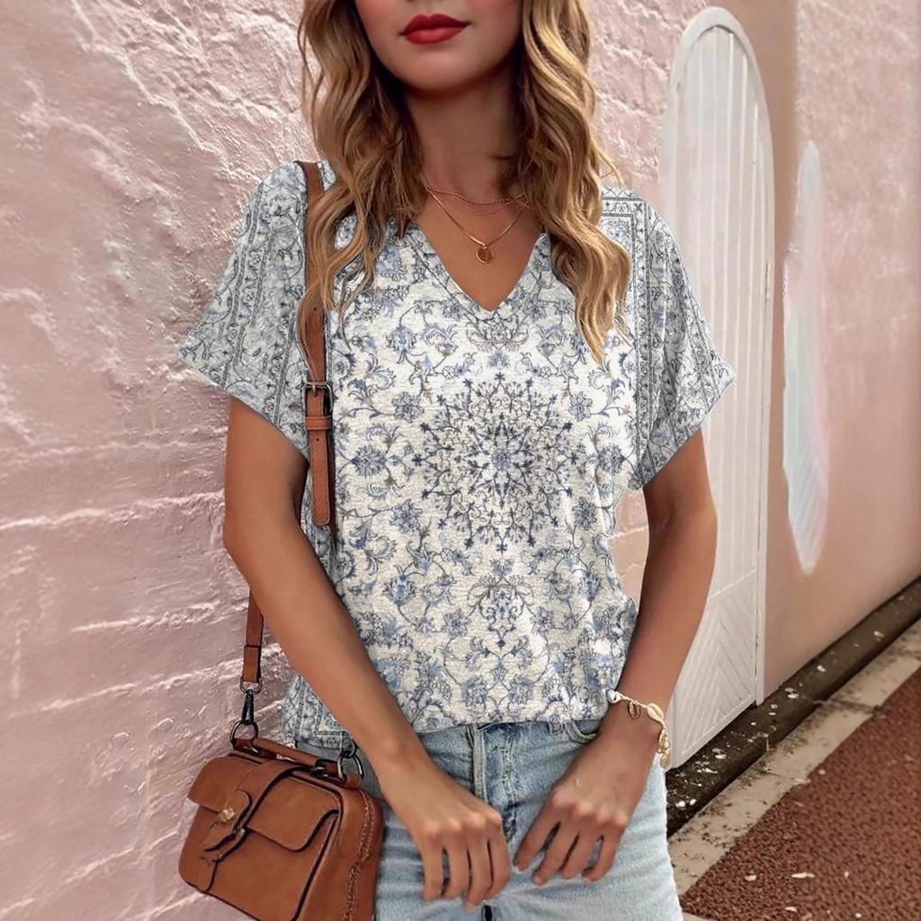 Modisches Bedrucktes Damen Kurzarm V-Ausschnitt Oberteil Vielseitige T-Shirts Damen