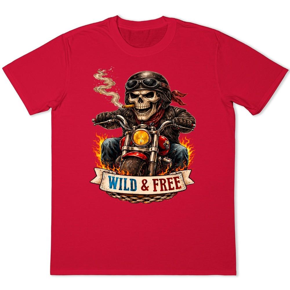 Wild And Free Skull Biker Motorcycle Graphic T Shirt Rebel Rider Chopper Tee 4XL
