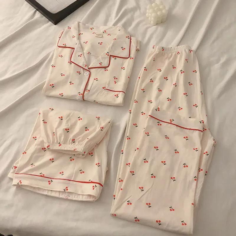 New Summer Ladies Three-Piece Pajamas Homewear Girls Short-Sleeved Trousers Card Spring and Autumn Wear Casual Pajamas Homewear