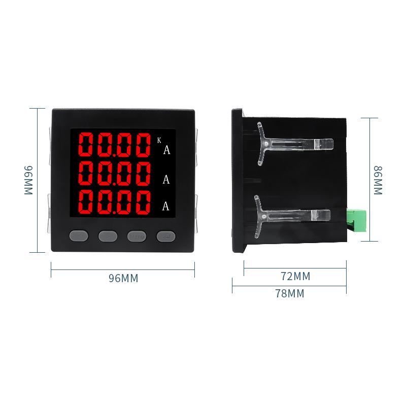 96*96*78MM Enkelt-/Trefaset Amperemeter Panelmåler Digitalt Display Firkantet Ampere Med 100A 150A 200A CT