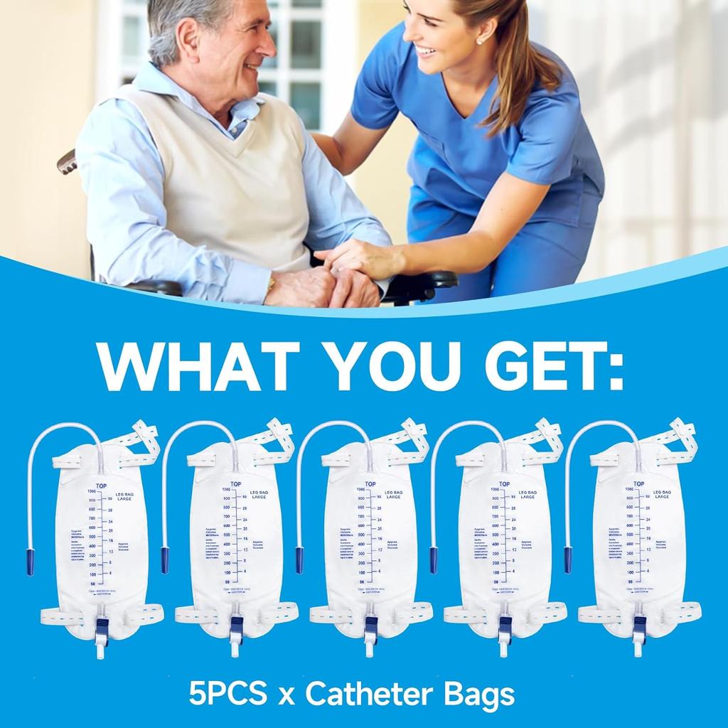 Catheter Bags for Men with 5PCS, Foley Catheter Leg Bags for Men 1000ML, Urine Bags for Easy Flip Drain Design