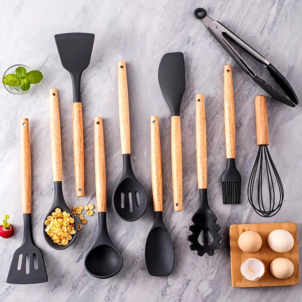 12Pcs Wooden Handle Silicone Kitchen Utensils Silicone Kitchen Utensils Non-stick Pan Cooking Spatula Baking Storage Tool