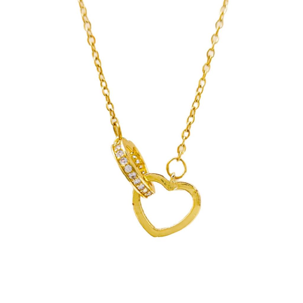 18K Gold Heart Double Ring Titanium Steel Necklace with Diamond Inlay - Versatile Ins Style for Women