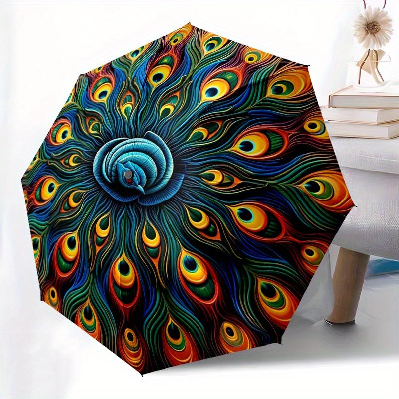 Colorful Peacock Feather Mandala Wall Art Print Umbrella, Cute Umbrella with Cute Design, Portable 3-Fold Compact Umbrella for Men & Women, Valentine'