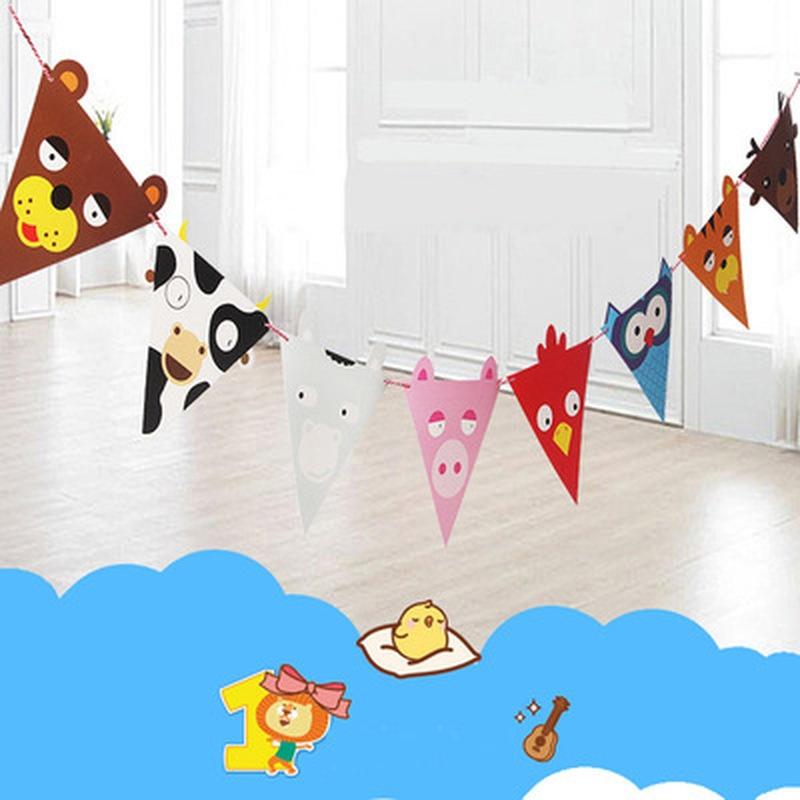 New Creative Triangle Cartoon Animals Birthday Party Banners Pull Flags Room Decorations Ornaments P