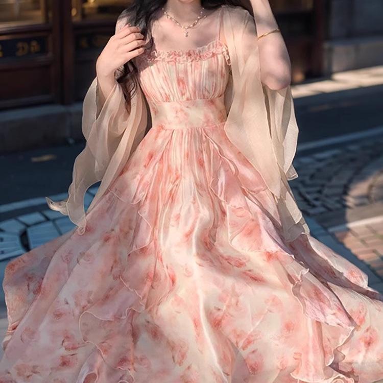 Dress Sets Women Elegant Summer Casual Slim Strap Cardigan Fashion Chic Vintage Even Party