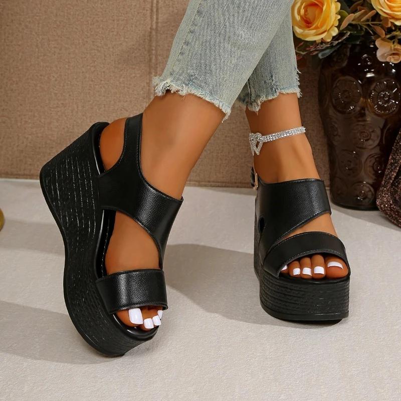 Fashion Shoes Cswo01 Women's Open-Toe Slope Sandals Leather Strap Roman Shoes Summer Lightweight Thick Sole Non-Slip High Heels Shoes Cm