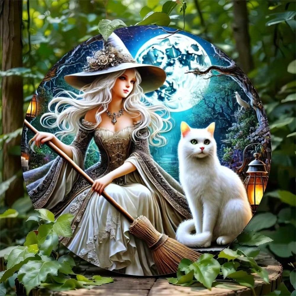 White Witch Round Metal Tin Sign Halloween Decor Thanksgiving Gift Home Wall Art Kitchen Bathroom Living Room