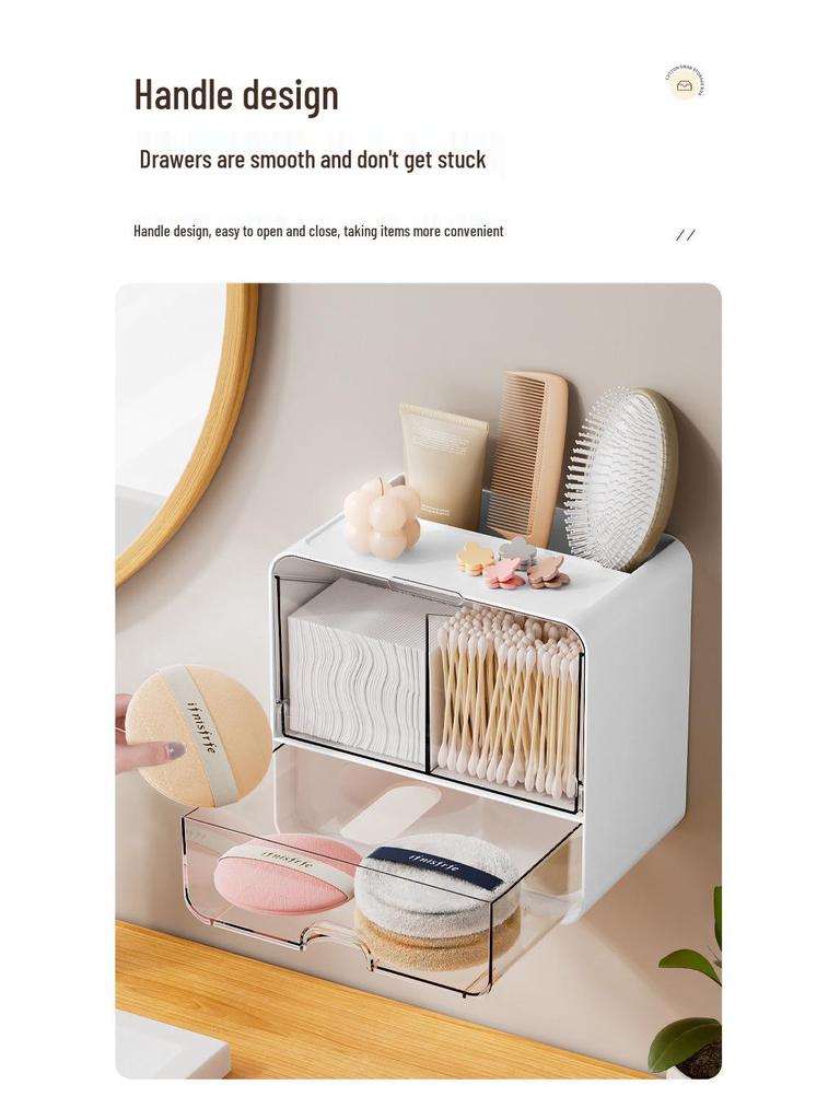 Väggmonterad badrumsförvaringslåda för bomullspads, tops och håraccessoarer