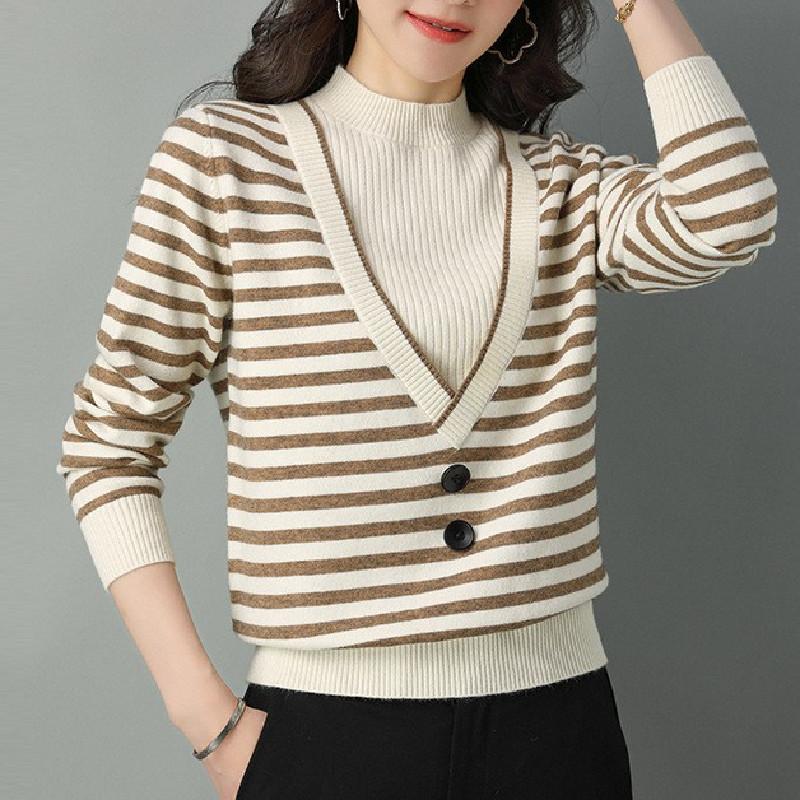 Early Autumn Women's Knitwear Half High Neck Clashing Stripe Sweater Bottom Sweater