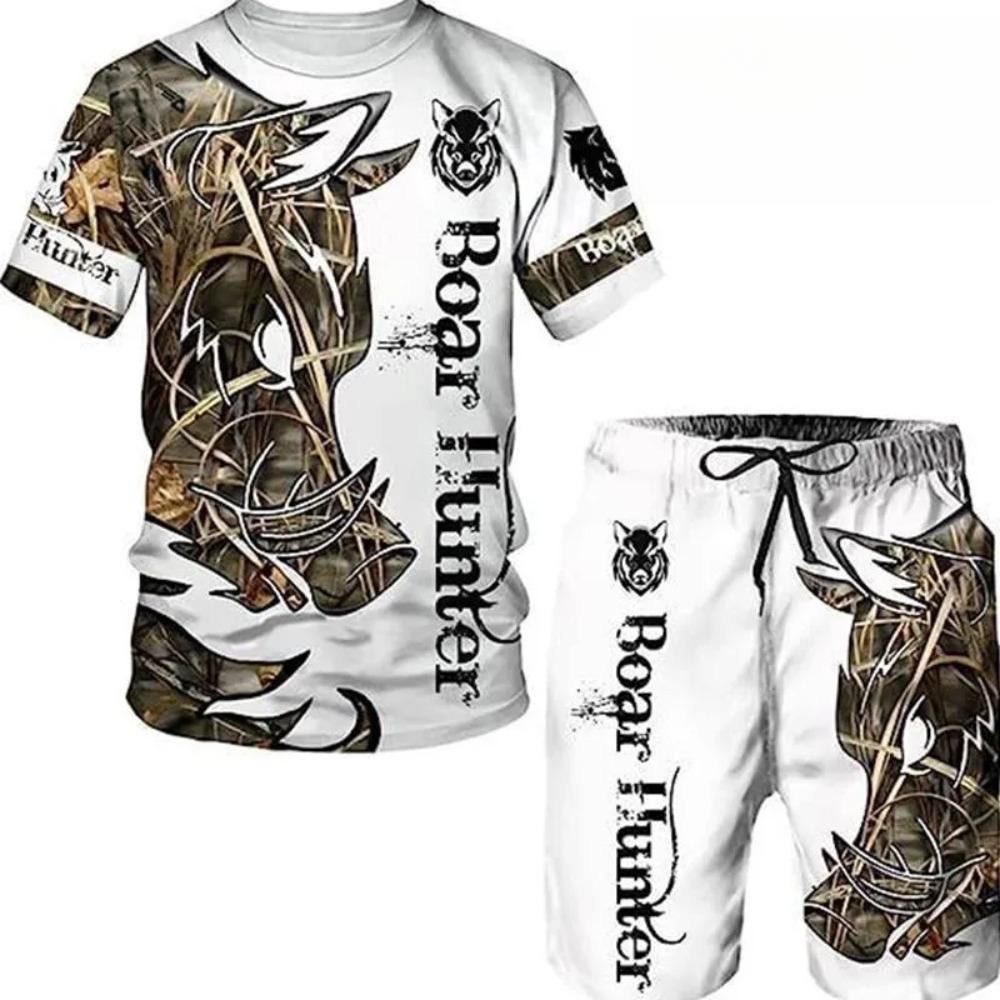 Summer Round Neck 3D Animal Printed Set Fashionable and Casual Short Sleeved Shorts Men's Sport Wear