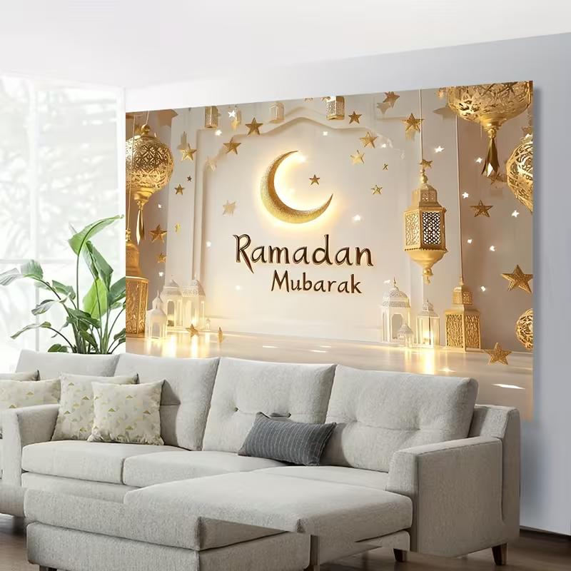 2D Glowing Ramadan Moon & Star Backdrop Wall Hanging Festival Background Cloth