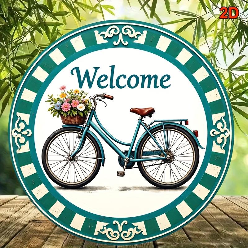 Willkommen Vintage Fahrrad Blumenkorb Blechschild Vintage Langlebiges Metallschild Wanddekoration Rustikal Garten Haus Wandkunst