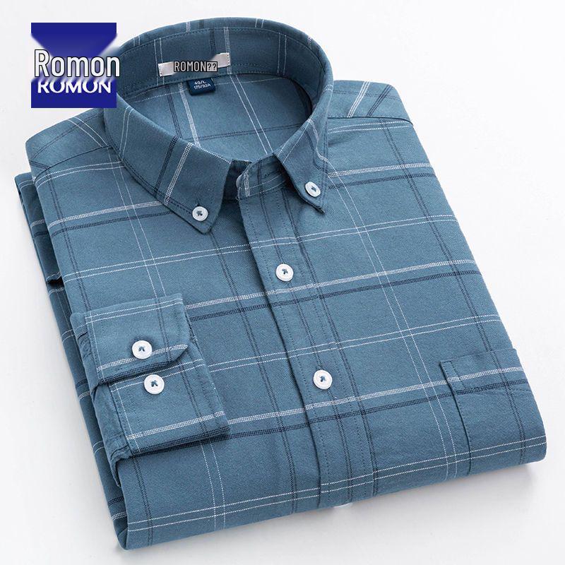 Romon Men's High-End Blue & White Cotton Oxford Long Sleeve Button-Down Shirt