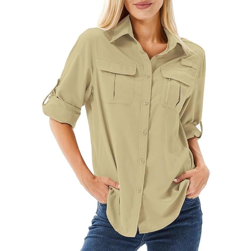 Camicia da donna color cachi a maniche lunghe con tasche sul petto e laccetti sui polsini