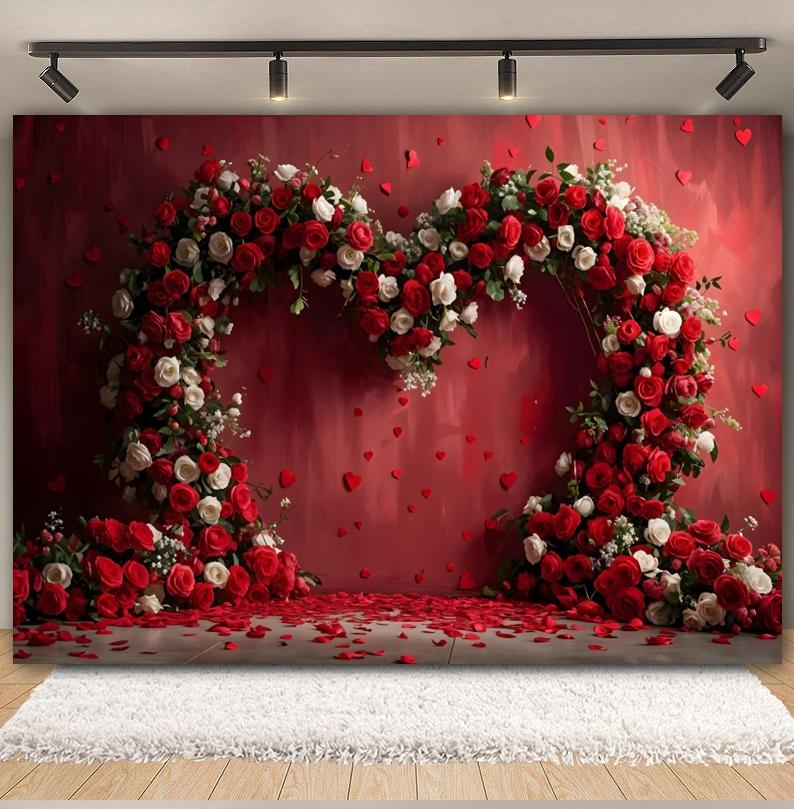 February 14 Valentine's Day Photography Backdrop Red Rose Arched Heart Flowers Romantic Wedding Bridal Shower Photo Background