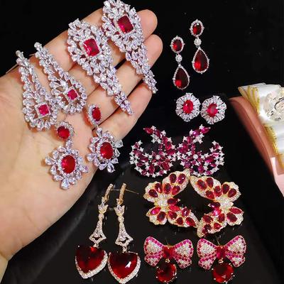Retro Court Style Red Zircon Geometric Flower Earrings Light Luxury Stud Earrings Personalized Temperament Earrings