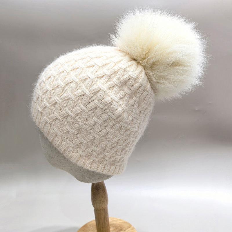 Women'S Winter Knitted Beanie Hat With Soft Rabbit Fur Lining & Fluffy Fox Fur Pompom - Warm Thick Skull Cap  New
