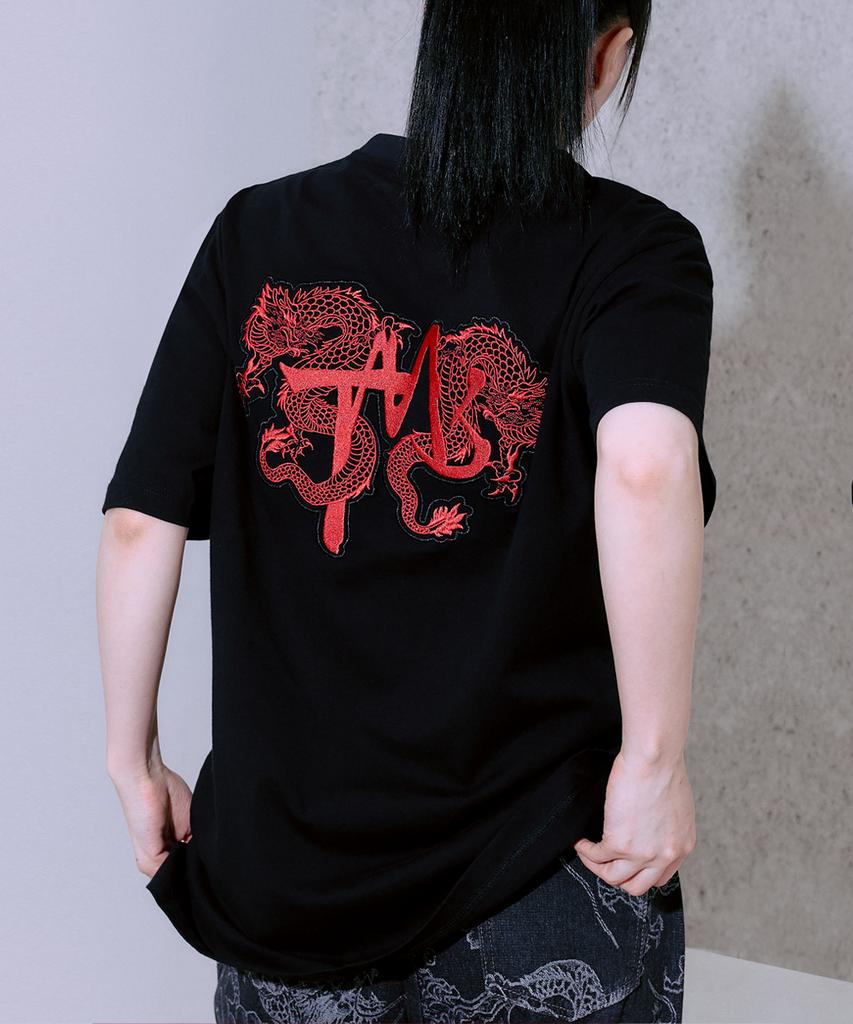 Tiemsseuli Ghost Red Dragon Embroidered Dragon Pattern Oversized T-Shirt (Back Embroidery/Unisex)