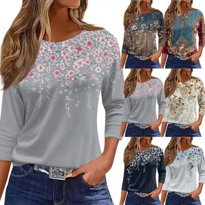 Women's T Shirt Print 3/4 Sleeve Daily Weekend Fashion Basic Round Neck Regular Top