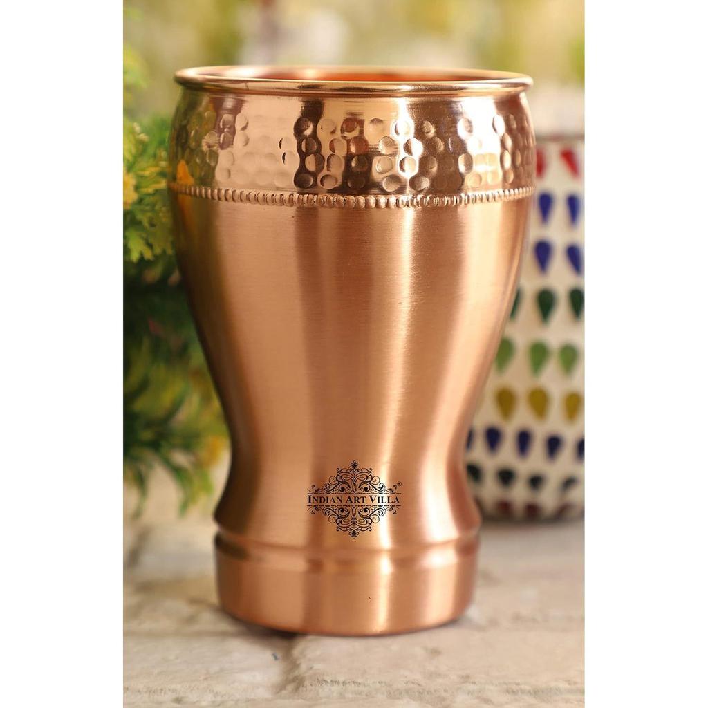 Pure Copper Glass with Half Lecquer Hammered Design, Water Drinkware & Health Benefit, Hotel Restaurant, Volume:- 400 ML,