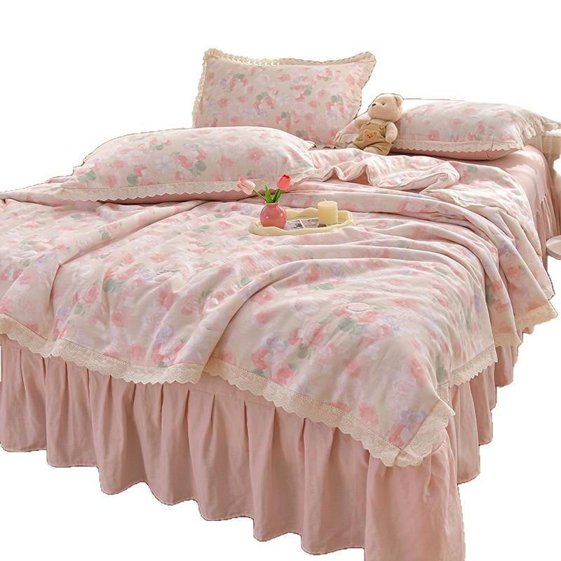 2026 Pure Cotton Double Gauze Lace Bed Skirt Summer Quilt: Cool Air Conditioning Four-Piece Set