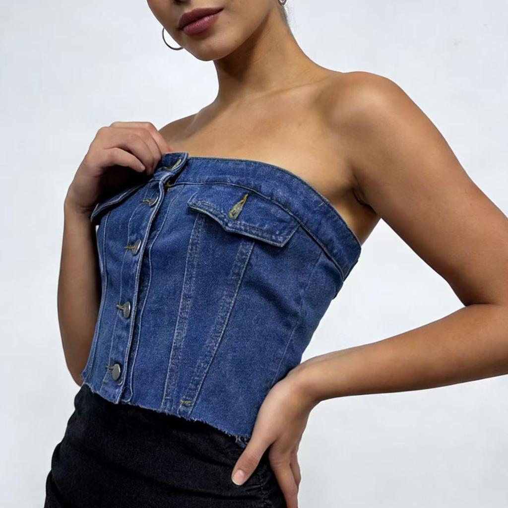 Damen Kurzes Slim Und Sexy Denim Trägerloses Top