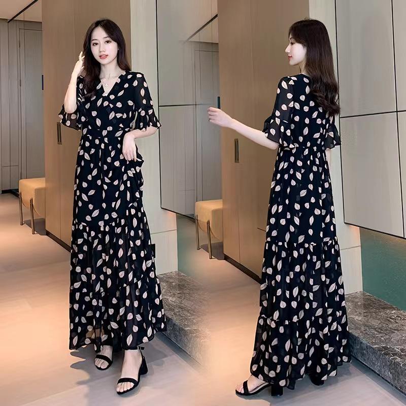 Women's V Neck Five Flutter Sleeve Black Leaf Print Chiffon Maxi Dress High Waist A Line Elegant Summer Vacation Long Dress