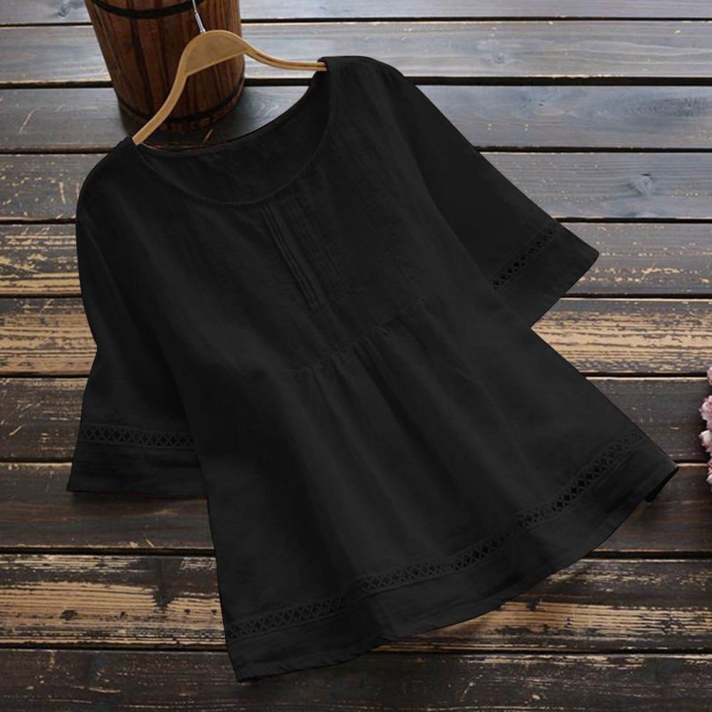 Women's Retro Casual Petticoat Summer Solid Color Cotton Linen Top Half Sleeve Round Neck Splicing Shirt Hollow Top