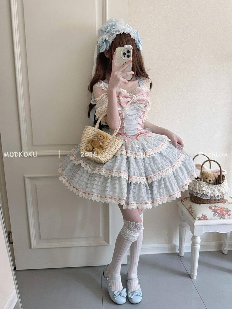 MODKOKU Lolita JSK Jumper Skirt with Ribbon and Mori Girl Tiered Lolita Light Size M Women's Bride-Style Lace-Up Ruffles, Palace-Style Dress,