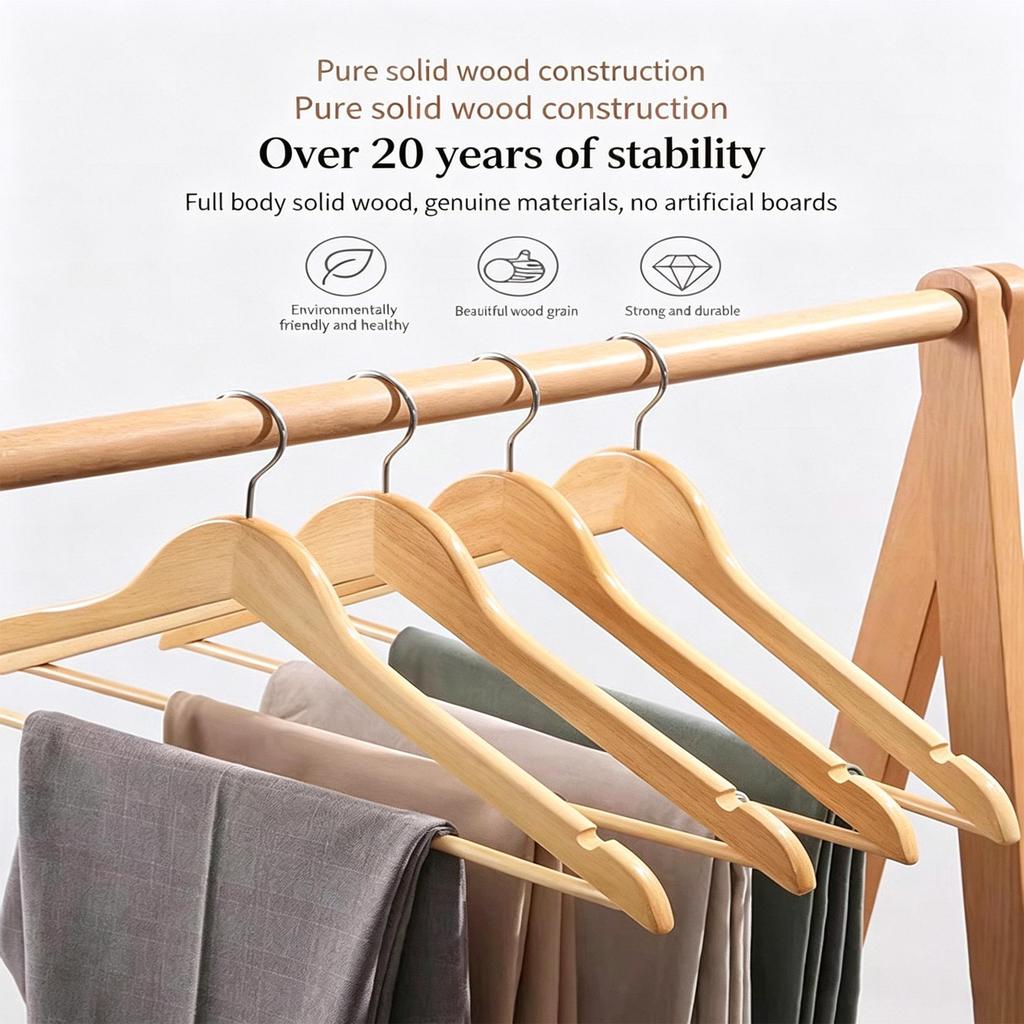 Solid Wood Clothes Hangers, Non-slip Shoulder Grooves 360° Swivel Chrome Hook Garment Hangers for Shirts Pants Dresses, Hotel Closet Storage Organizer