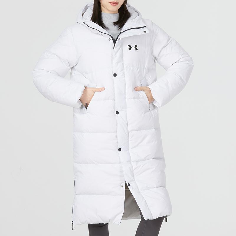 Under Armour Down Puffer Parka Solid Logo Print Sports Casual Long Down Jacket Women Outerwear White 1375454-100