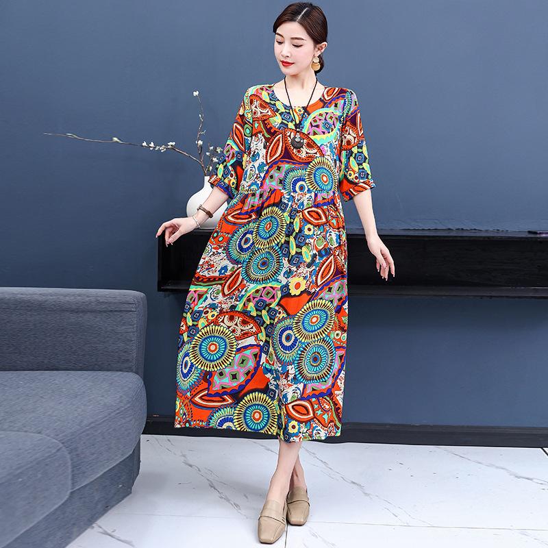 Women's Round Neck Five-Point Sleeve A-Line Floral Print Midi Dress Loose Casual Vintage Style Summer Daily Mom Long Dress