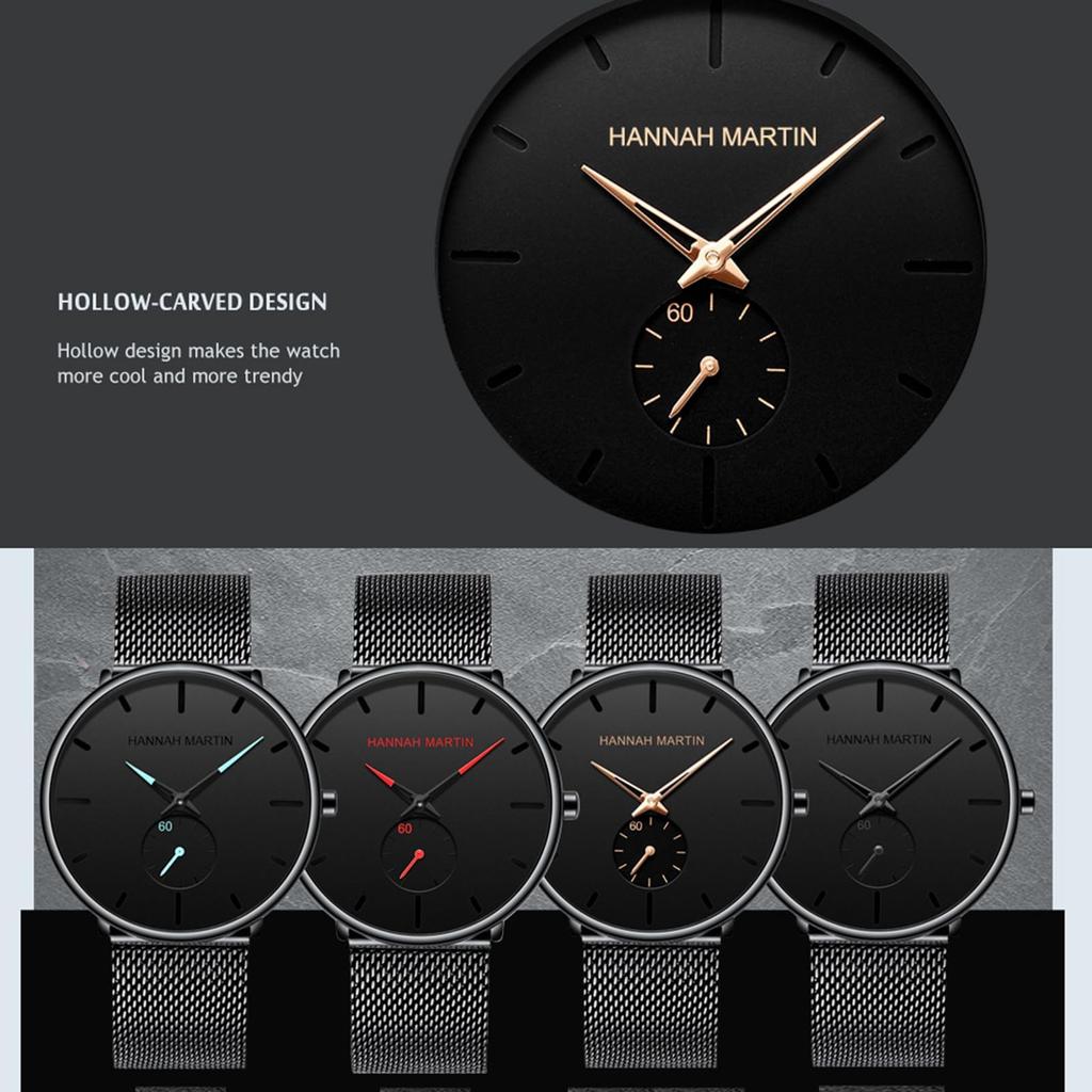 Hannah Martin Black Waterproof Dress Watch with Stainless Steel Band Men's Ultra-Thin (Blue)