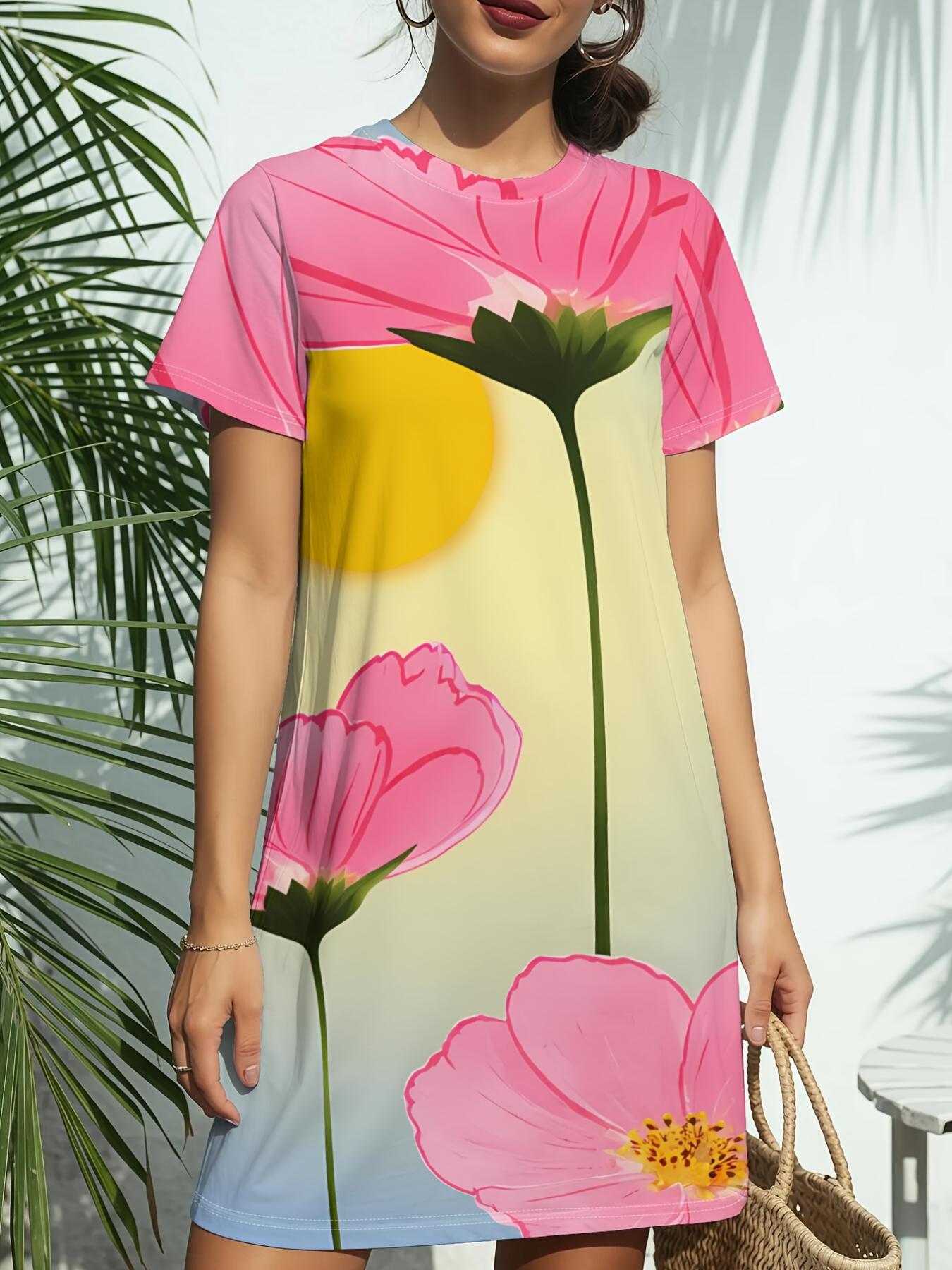 

Women s Pink Poppy Flower Print T-Shirt Dress - Short Sleeve Round Neck Casual Dress with Short Length. Spring Summer Blouse Dress Suitable for Daily L дубильна кора