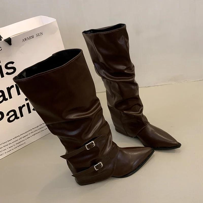 Fashion Spring and Autumn Women's Retro Style Mid-Calf Boots Fashion Belt Buckle Shoes Pointed Toe Wedges Heel Knight Long Boots Female