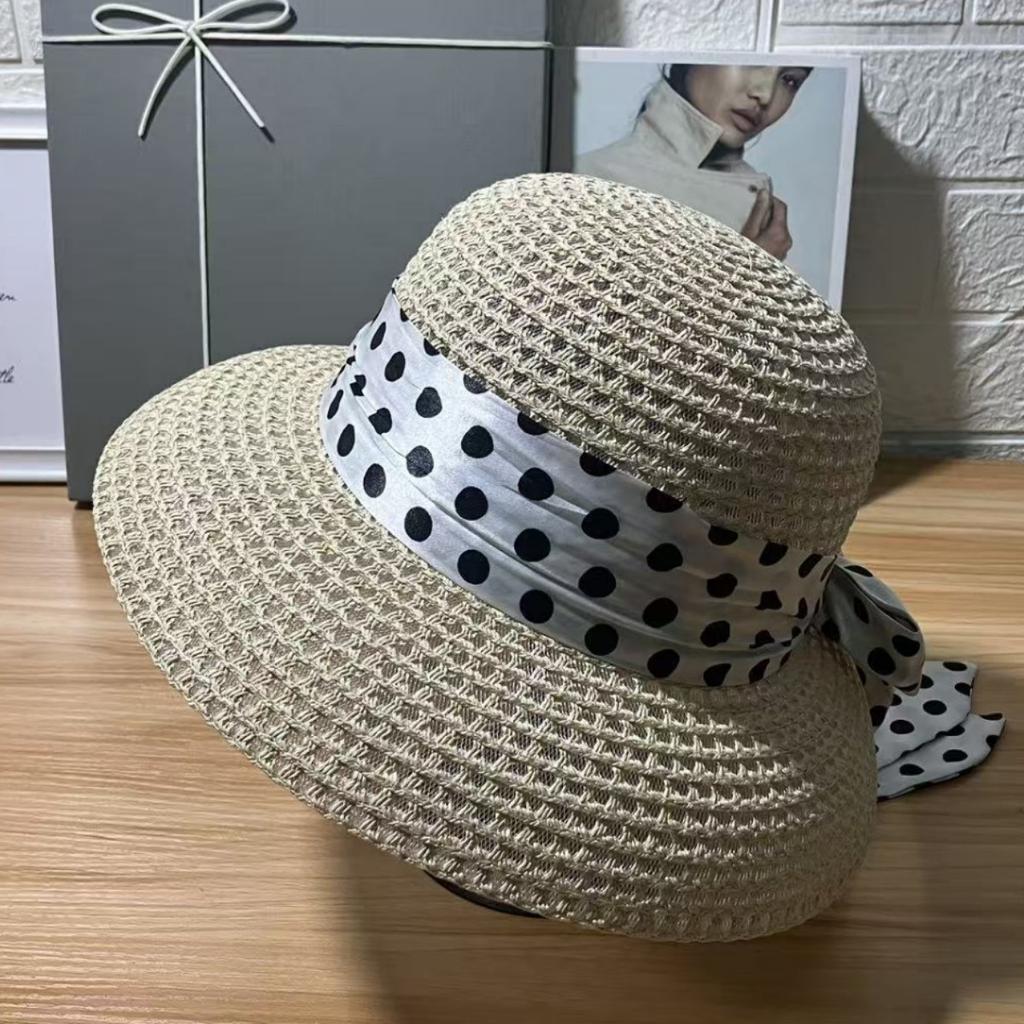 Elegant polka dot bow dome female Hepburn spring summer beach hat sunshade sunscreen straw sun hat