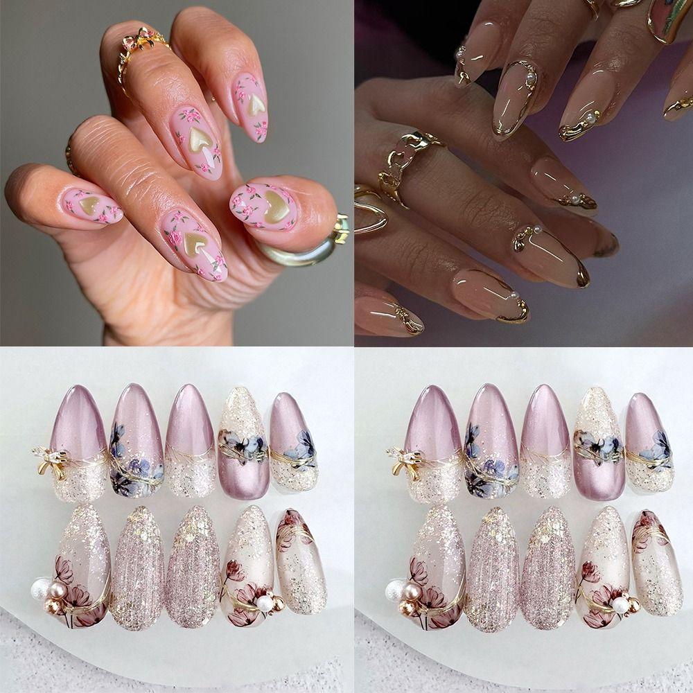 24pcs Manicure Long Almond False Nails Pearl Bow Fine Glitter Purple Flowers Fake Nails Detachable French Nail Tips Women